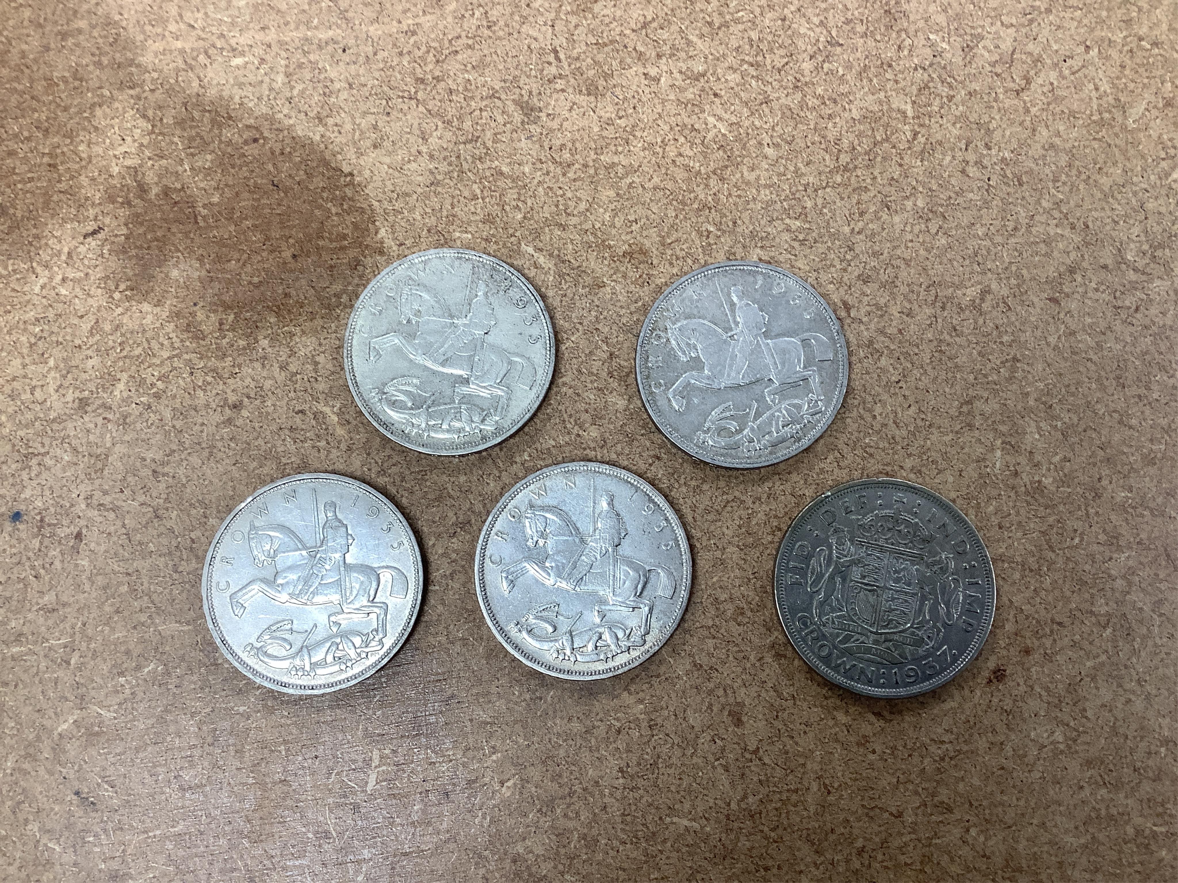 British silver coins, Victoria to George VI, eighteen crowns;, two 1889, 1890, 1891, 1892, two 1893, 1894 to 1895, 1896, 1897, 1898, four 1935 and 1937, ranging from fine to about EF